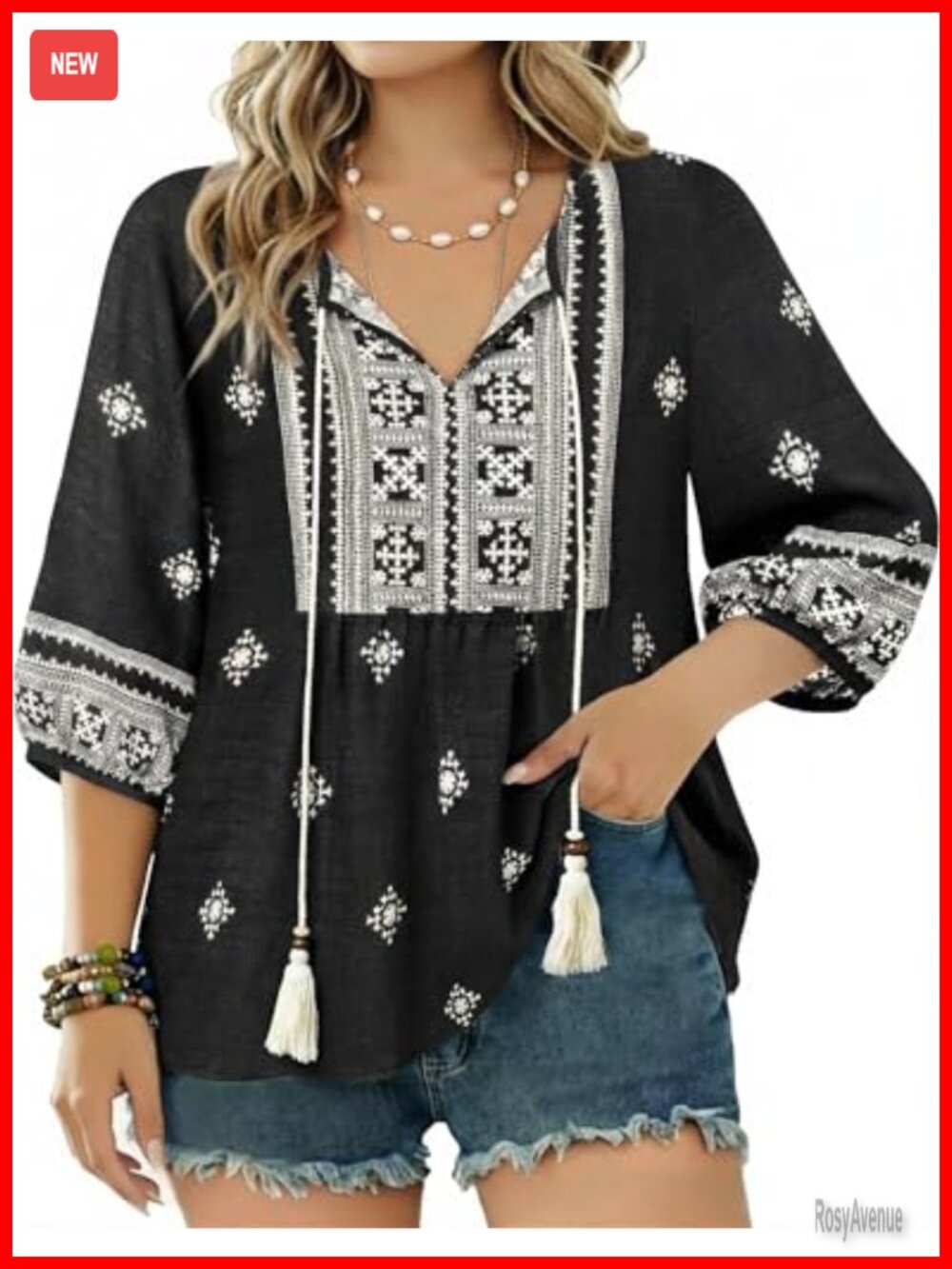 Flowy Boho Tunic Blouse 3/4 Sleeve V-Neck Women's Summer Top